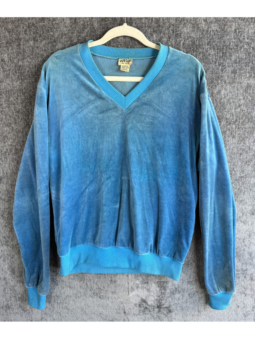 Vintage Whim 70s 80s Velour V Neck Sweater Mens Large Blue Pullover Plush
